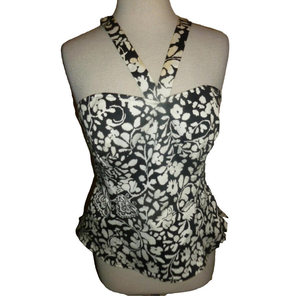 White House Black Market Black White Floral Halter Peplum Top‎ Size 10 RN 111459